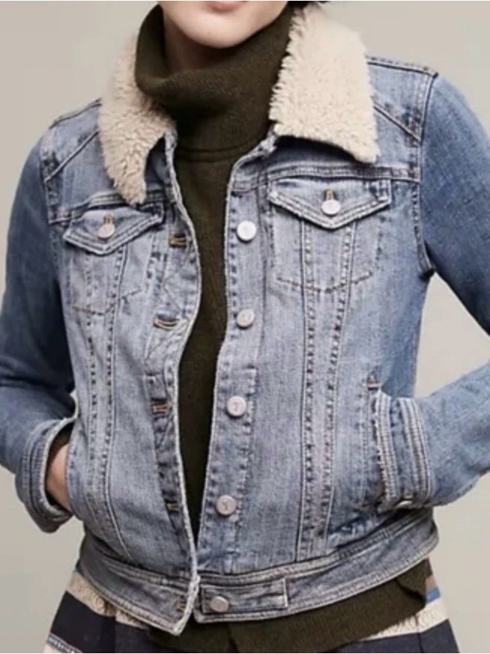 Anthropologie Light Blue Denim Bomber Jacket with Sherpa Collar XS